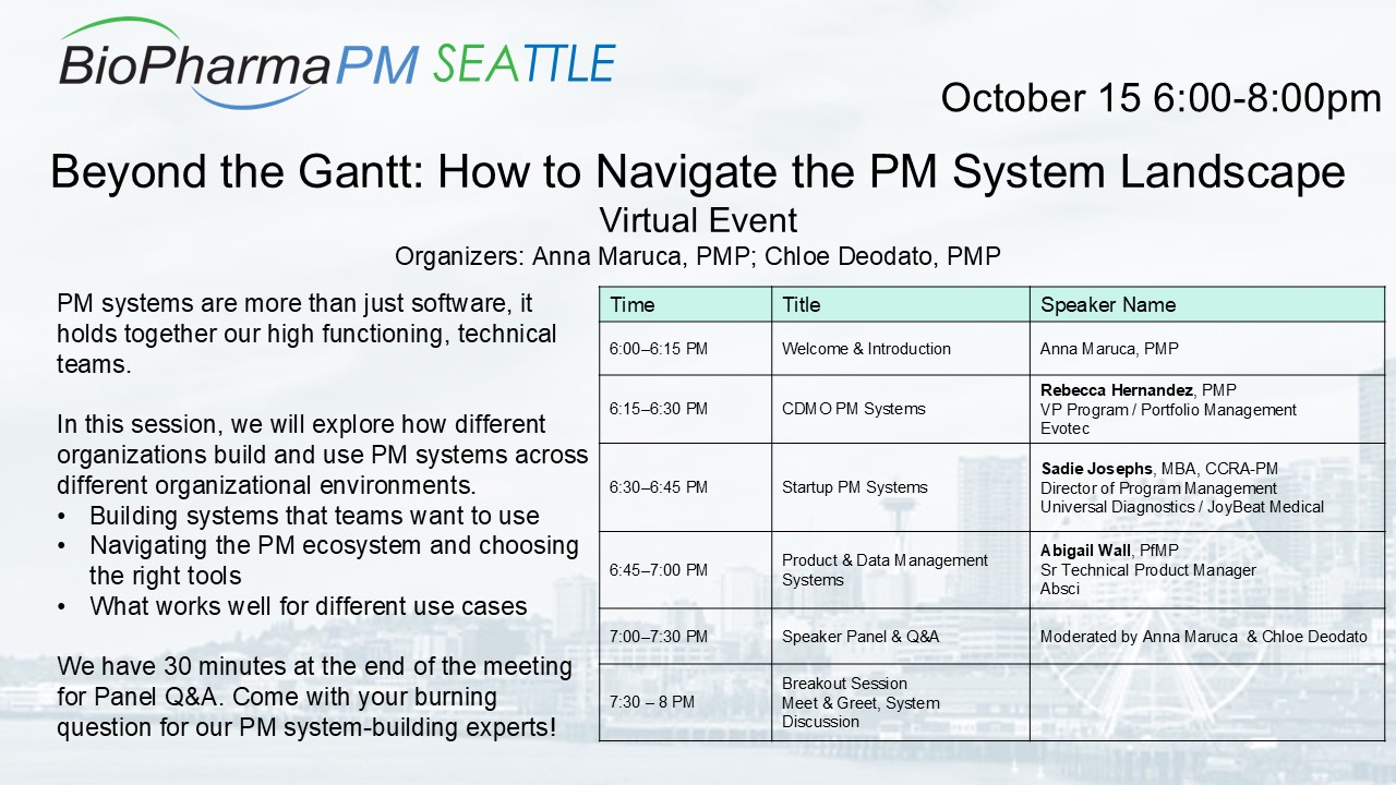 Beyond the Gantt: How to Navigate the PM System Landscape – BioPharma PM SEATTLE – October 15 6:00-8:00pm